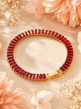 Gold Bracelet with Red Baguette Stones - Women Jewelry